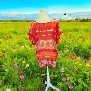 dressbarn White and Orange Flutter Sleeve Blouse